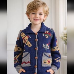 Vintage Berek Blue Airplane Boy's Hand-Knit Cardigan Sweater - Big Boys Large
